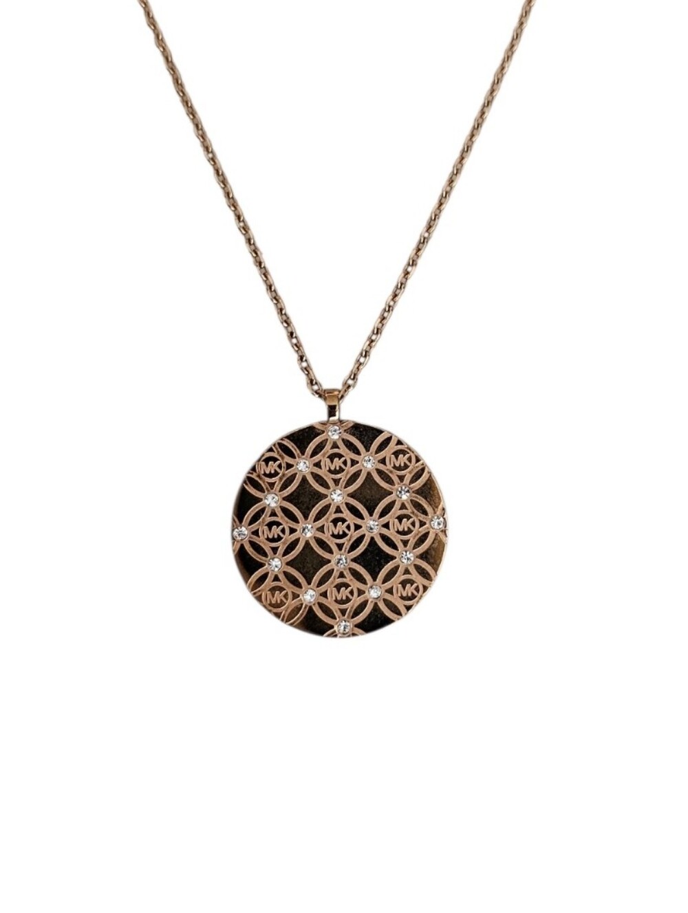 Michael Kors Heritage Rose Gold Monogram with Crystals Round Pendant 10" length